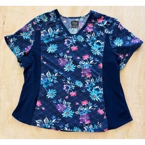 Cherokee iFlex Floral Scrub Top Womens 3XL Blue V-Neck Stretch Nurse Workwear